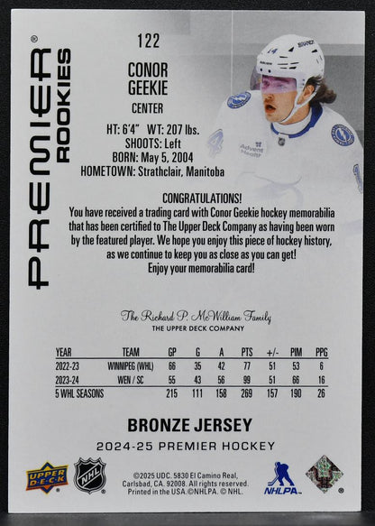 24-25 UD Premier RC Bronze Jersey Conor Geekie 122 Tampa Bay Lightning RC Jersey 7871