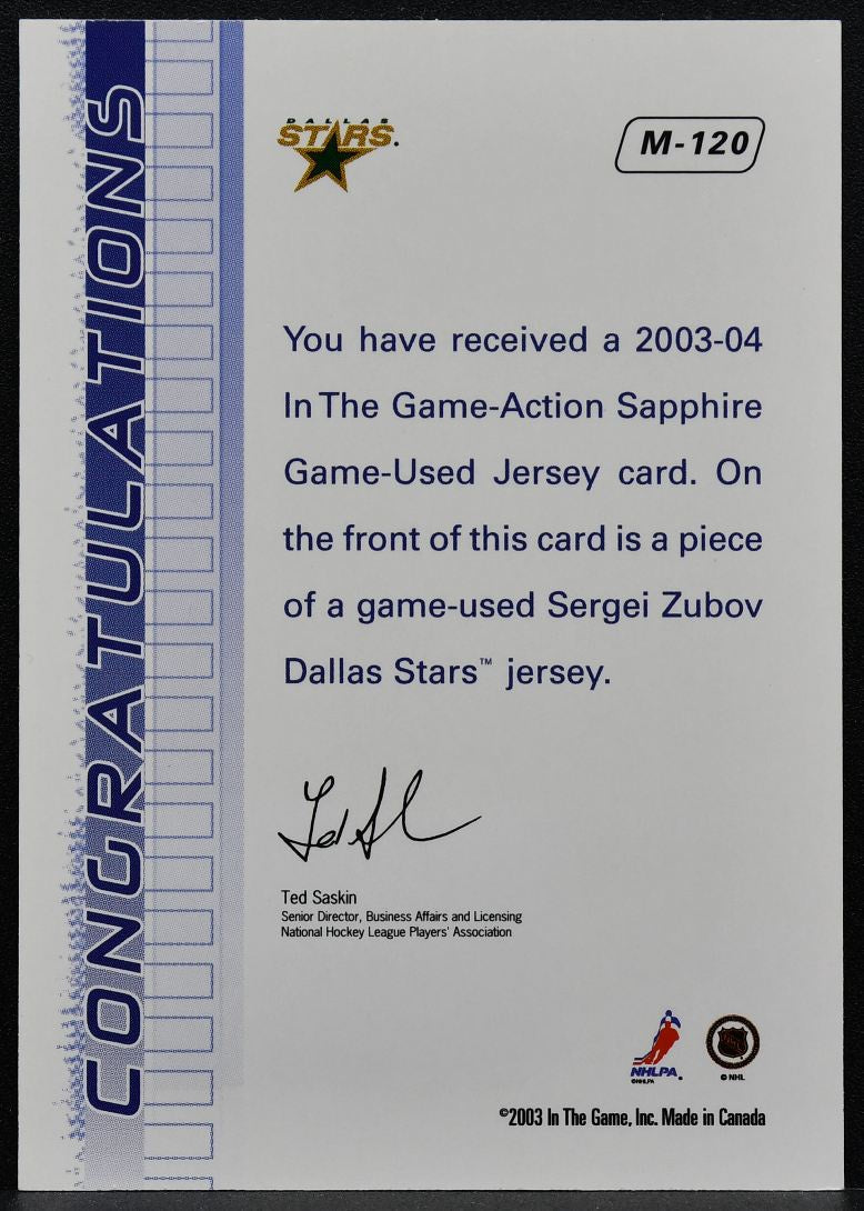 2003-04 In The Game Action Sapphire Jerseys Sergei Zubov M-120 Jersey 0343