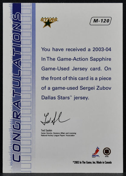 2003-04 In The Game Action Sapphire Jerseys Sergei Zubov M-120 Jersey 0343