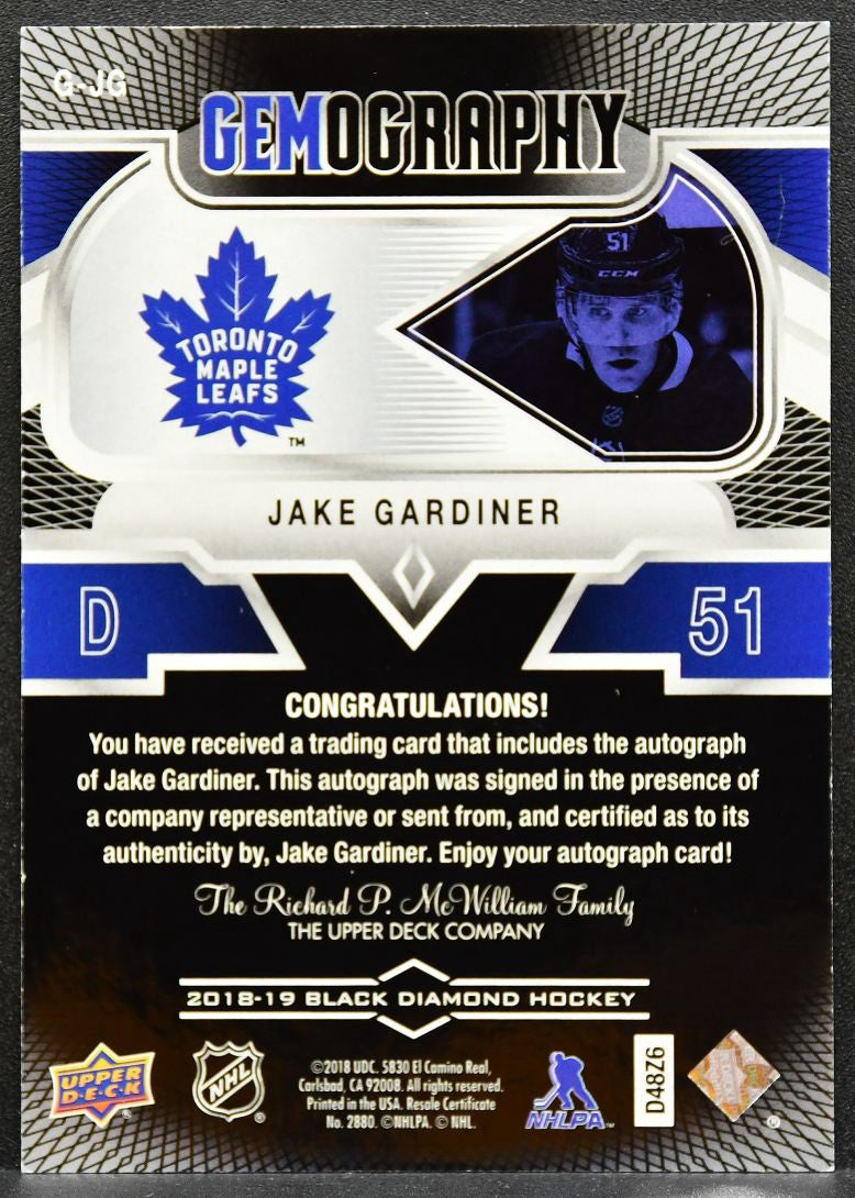 2018-19 Upper Deck Black Diamond Gemography Jake Gardiner Maple Leafs Auto 6975