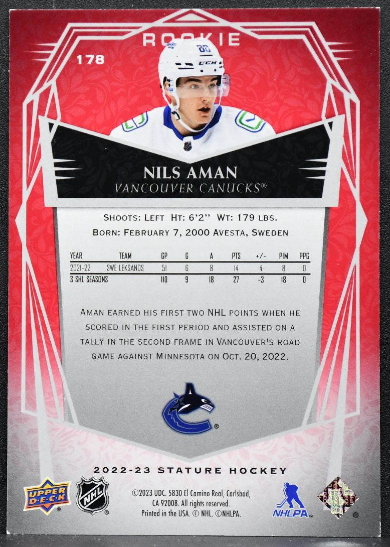 2022-23 Upper Deck Stature Rookie Red Nils Aman 178 Vancouver Canucks RC 03/11 8365
