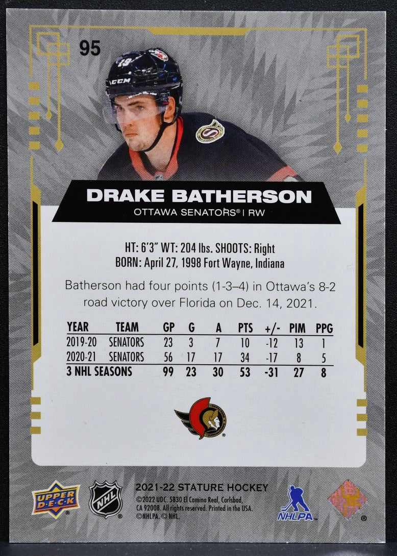 2021-22 Upper Deck Stature Green Drake Batherson 95 Ottawa Senators 129/149 0498