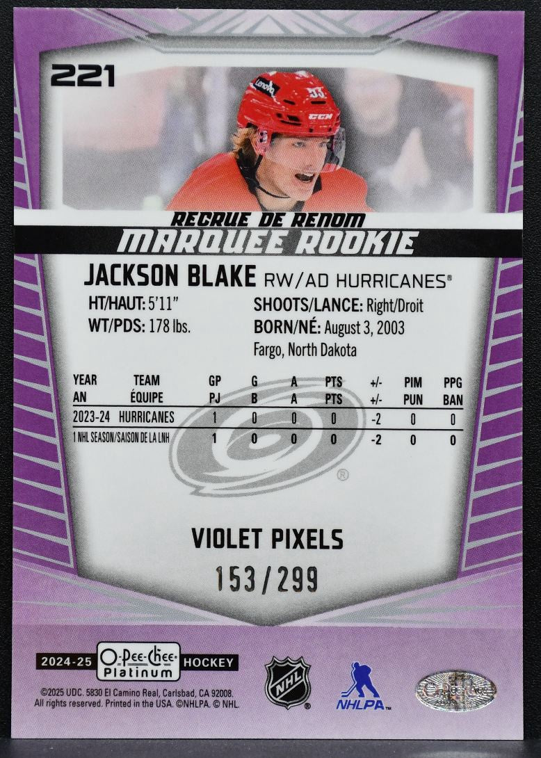 2024-25 OPC Platinum Marquee Rookie Violet Pixels Blake Hurricanes RC 1471