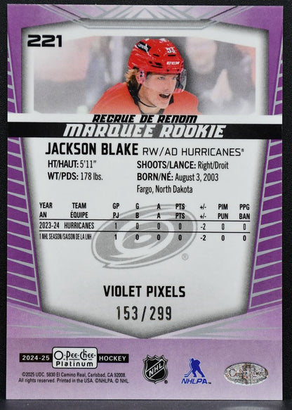 2024-25 OPC Platinum Marquee Rookie Violet Pixels Blake Hurricanes RC 1471