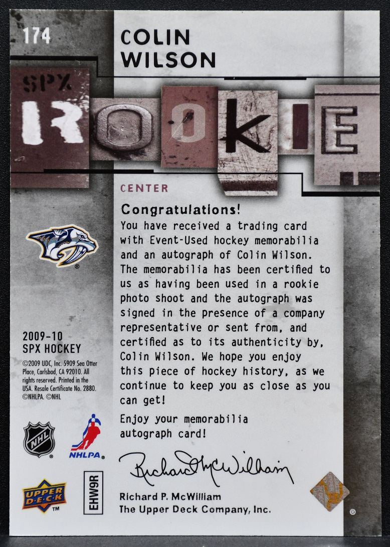 2009-10 SPx Rookie Jersey Auto Colin Wilson RC Auto 046/799 Jersey 1995