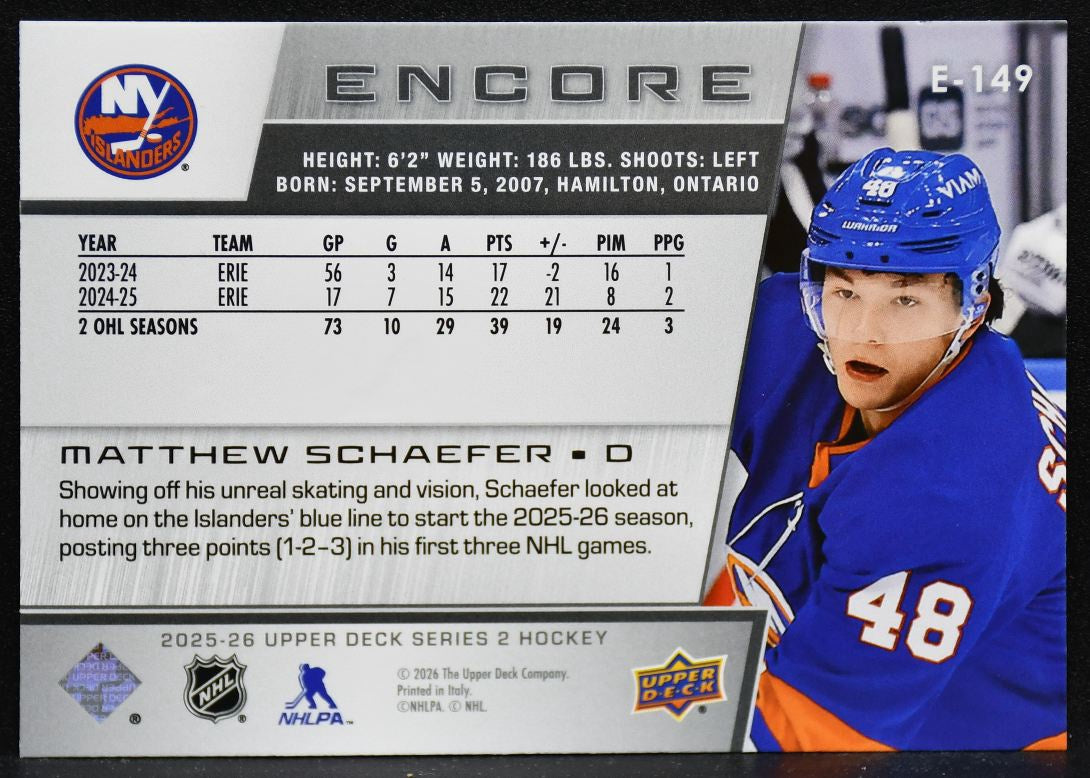 2025-26 Upper Deck Series 2 Encore Matthew Schaefer E-149 Islanders RC 4029