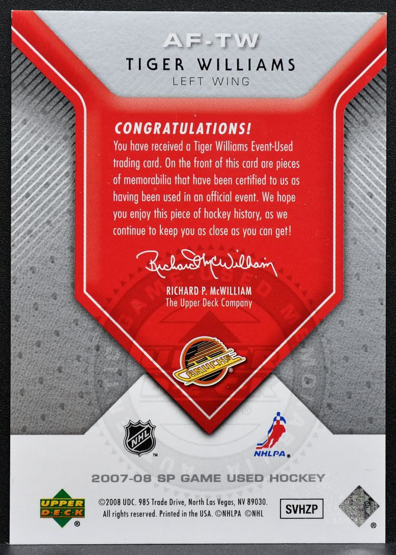 2007-08 SP Game Used Authentic Fabrics Dual Tiger Williams AF-TW Canucks 4381