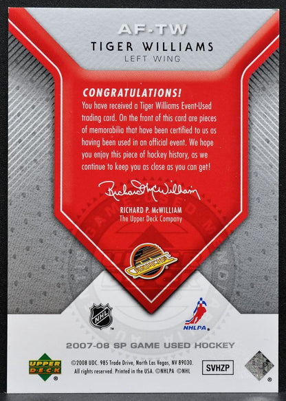 2007-08 SP Game Used Authentic Fabrics Dual Tiger Williams AF-TW Canucks 4381