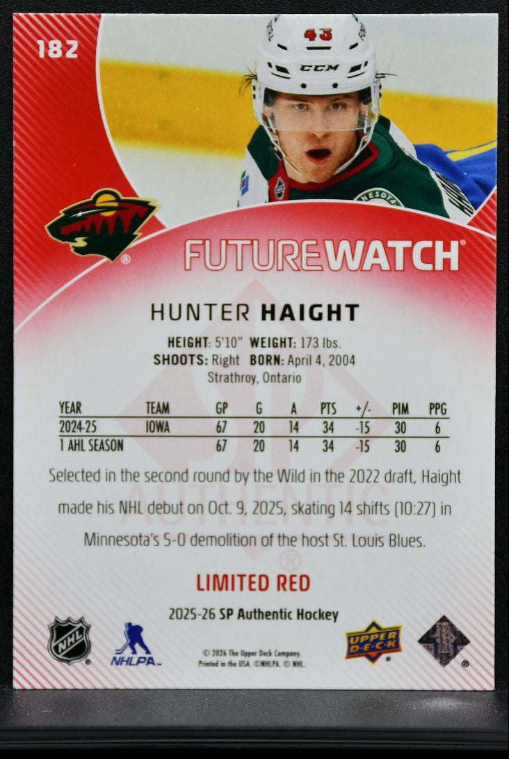2025-26 SP Authentic Future Watch Limited Red Hunter Haight 182 Wild RC 9362