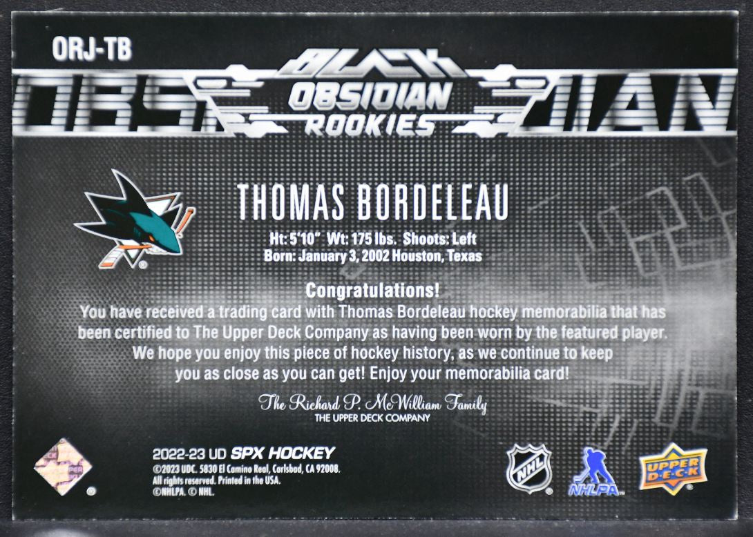 22-23 SPx UD Black Obsidian RC Jersey Bordeleau San Jose Sharks RC /499 Jersey 6881