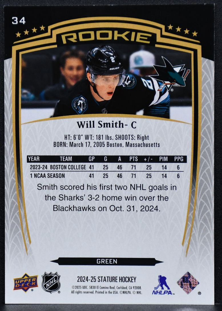 2024-25 Upper Deck Stature Rookie Base Will Smith 34 San Jose Sharks RC 153/375 4701