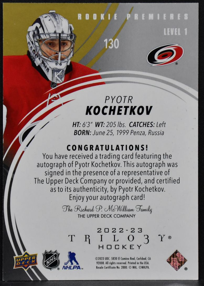 2022-23 UD Trilogy Rookie Premieres Auto Pyotr Kochetkov 130  RC Auto 347/449