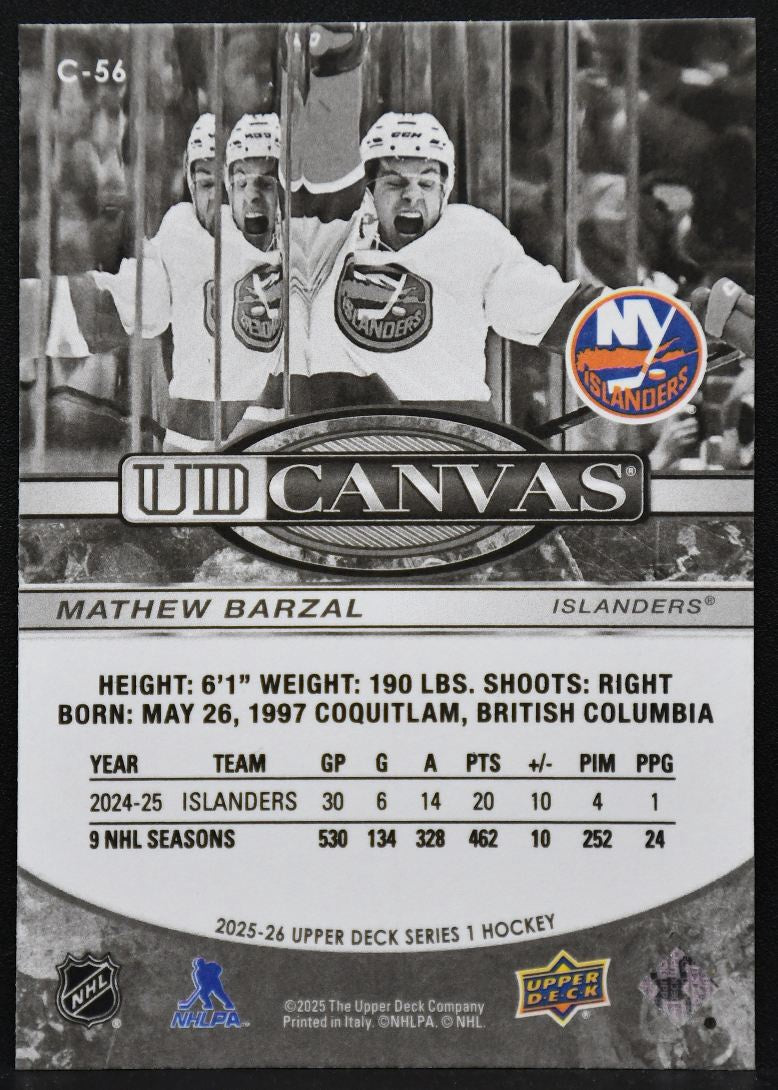 25-26 UD Series 1 UD Canvas Black and White Mathew Barzal New York Islanders 2531