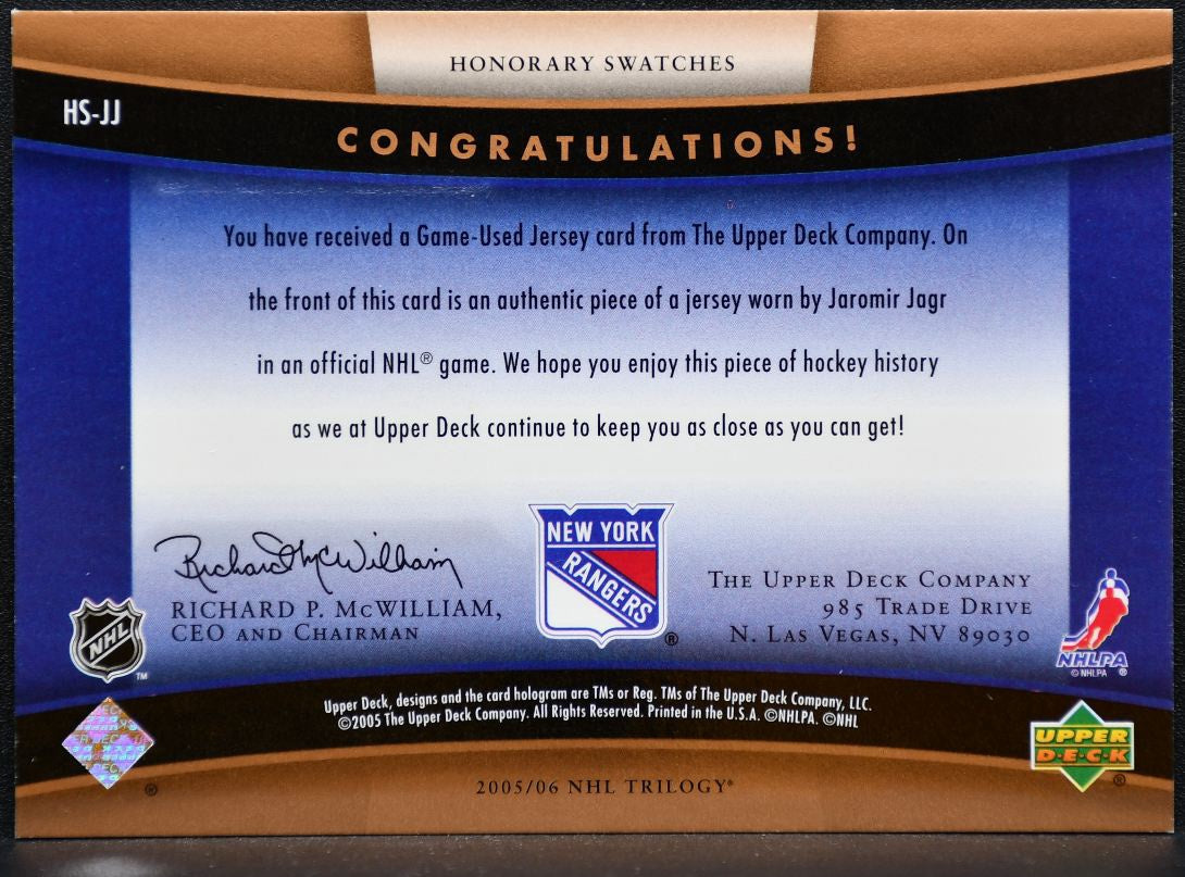 2005-06 Upper Deck Trilogy Honorary Swatches Jaromir Jagr Rangers Jersey 9782