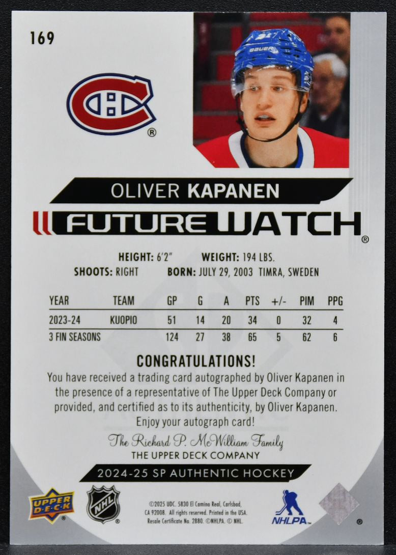 2024-25 SP Authentic Future Watch Auto Oliver Kapanen Canadiens RC Auto 3547