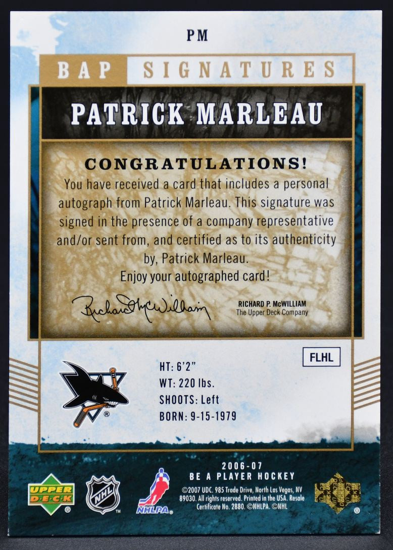 2006-07 UD Be A Player BAP Signatures Patrick Marleau PM Auto
