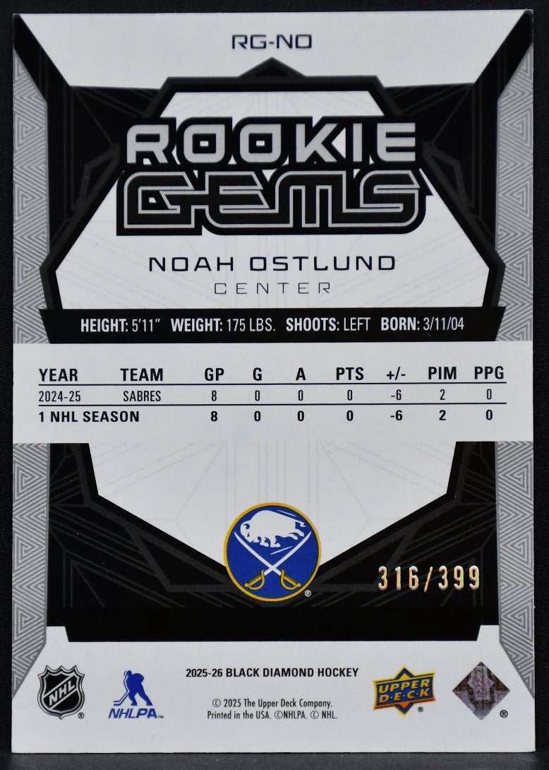 25-26 UD Black Diamond Rookie Gems Noah Ostlund RG-NO Buffalo Sabres RC 316/399 1588