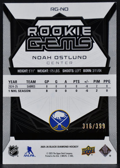 25-26 UD Black Diamond Rookie Gems Noah Ostlund RG-NO Buffalo Sabres RC 316/399 1588