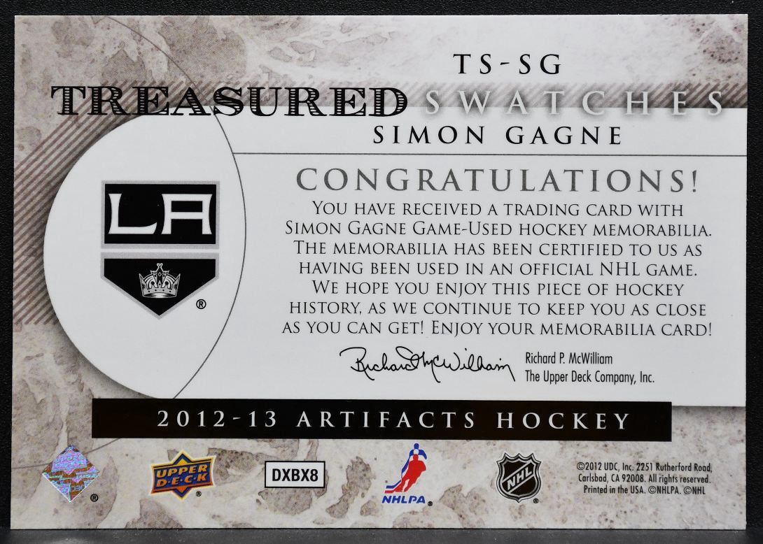 2012-13 Upper Deck Artifacts Treasured Swatches Simon Gagne Kings Jersey 4881