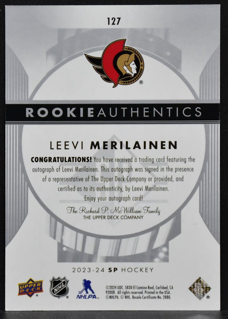 2023-24 SP Rookie Authentics Leevi Merilainen 127 Ottawa Senators RC Auto