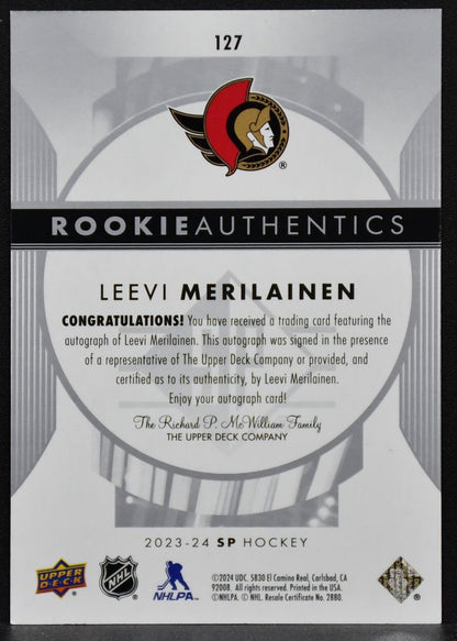 2023-24 SP Rookie Authentics Leevi Merilainen 127 Ottawa Senators RC Auto