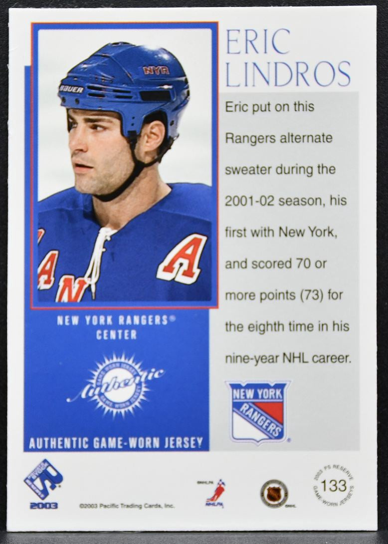 2002-03 Pacific Private Stock Reserve Eric Lindros Rangers 0757/1475 Jersey 2908