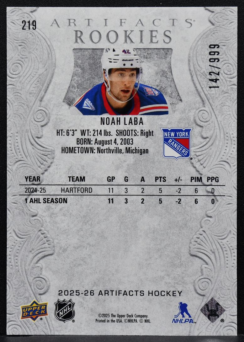 2025-26 Upper Deck Artifacts Rookies Noah Laba 219 New York Rangers RC 142/999 9553
