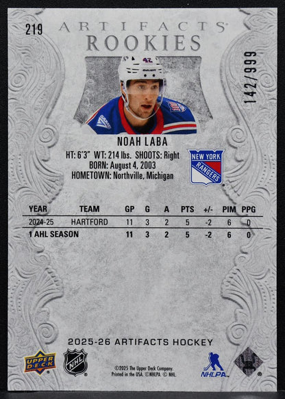 2025-26 Upper Deck Artifacts Rookies Noah Laba 219 New York Rangers RC 142/999 9553