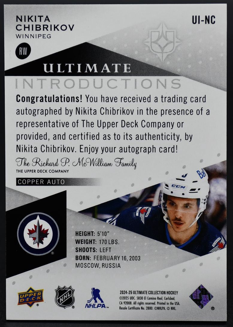 2024-25 UD Ultimate Collection Introductions Auto Nikita Chibrikov Jets RC Auto