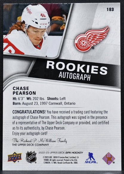 2022-23 SPx Rookies Auto Chase Pearson 183 Detroit Red Wings RC Auto 1445