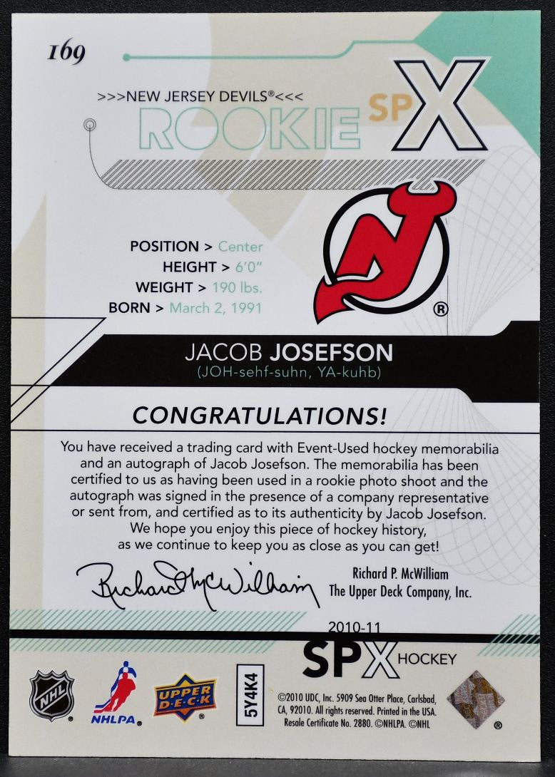 2010-11 SPx Rookie Auto Jersey Jacob Josefson 169 Devils RC Auto 128/799 0699