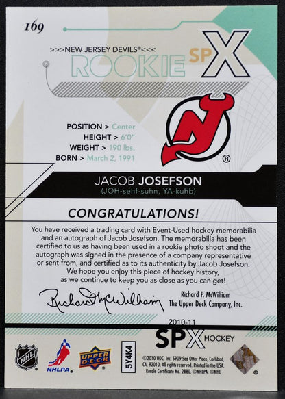 2010-11 SPx Rookie Auto Jersey Jacob Josefson 169 Devils RC Auto 128/799 0699