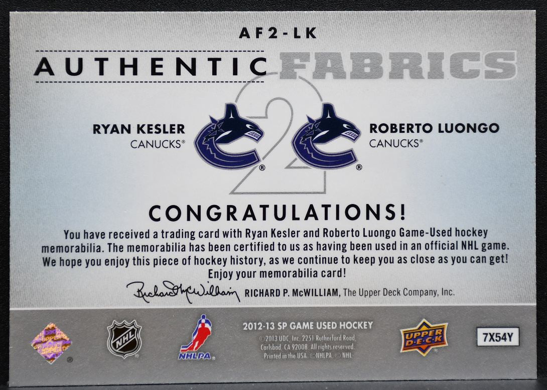 2012-13 SP Game Used Authentic Fabrics Dual Kessler/Luongo Canucks Jersey 0783
