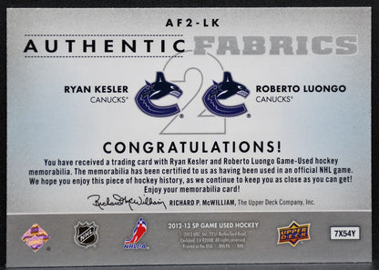 2012-13 SP Game Used Authentic Fabrics Dual Kessler/Luongo Canucks Jersey 0783