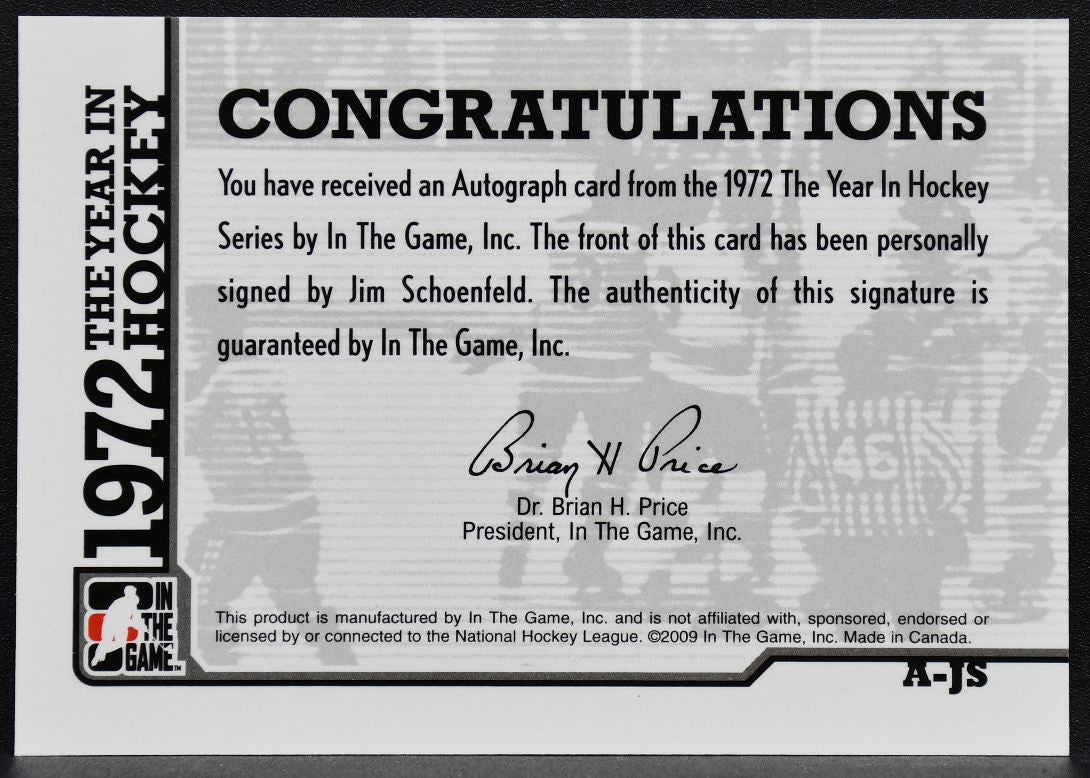 2009-10 In The Game 1972 Year Hockey Autographs Jim Schoenfeld A-JS Auto 5102