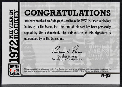 2009-10 In The Game 1972 Year Hockey Autographs Jim Schoenfeld A-JS Auto 5102