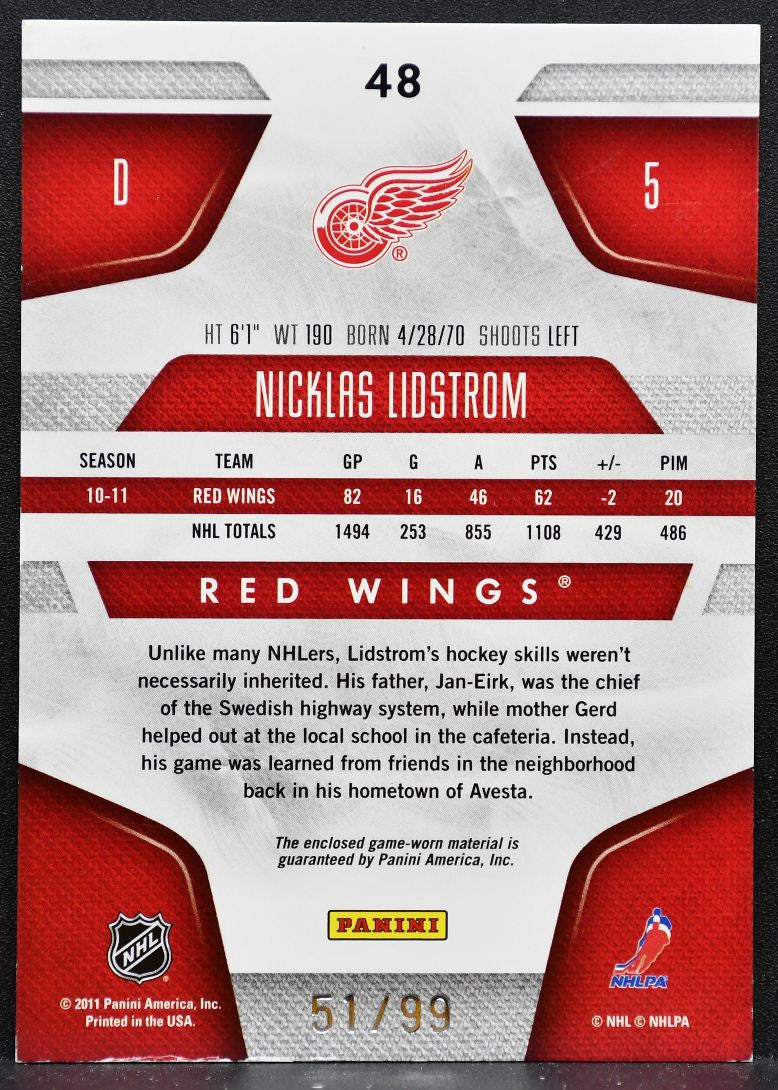 2011-12 Panini Certified Mirror Blue Nicklas Lidstrom 51/99 Jersey 6243
