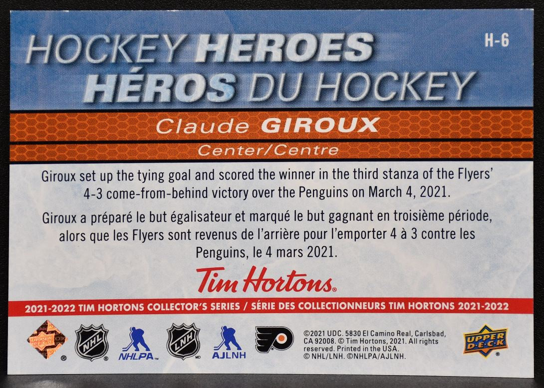 2021-22 Upper Deck Tim Hortons Hockey Heroes Claude Giroux H-6 Flyers 6948
