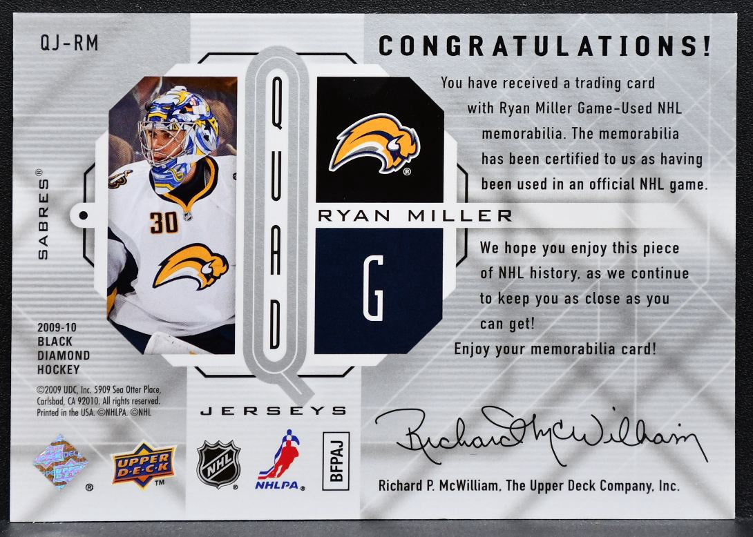 2009-10 UD Black Diamond Jerseys Quad Ryan Miller QJ-RM Sabres Jersey 5579
