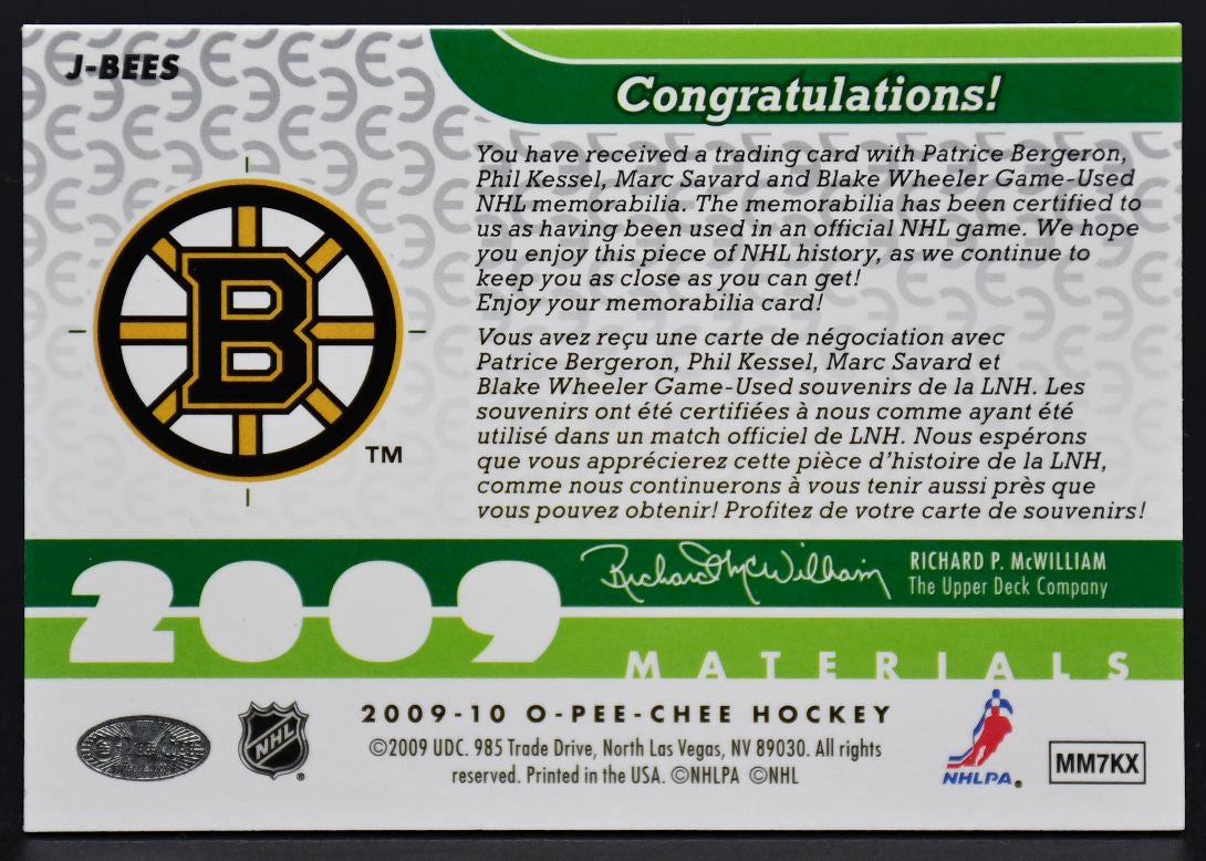 2009-10 OPC Materials Wheeler/Savard/Bergeron/Phil Kessel J-BEES Jersey