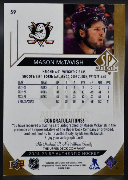 2024-25 SP Authentic Mason McTavish 59 Anaheim Ducks Auto