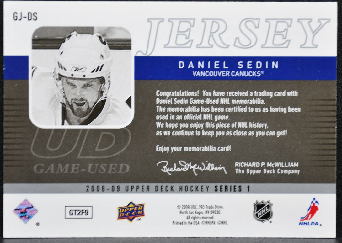 2008-09 Upper Deck Series 1 UD Game Jersey Daniel Sedin Canucks Jersey 0399