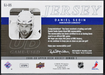 2008-09 Upper Deck Series 1 UD Game Jersey Daniel Sedin Canucks Jersey 0399