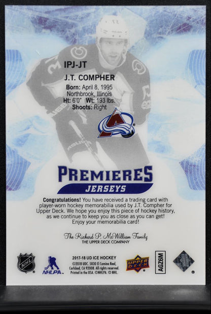 2017-18 UD Ice Premieres Jerseys Compher Colorado Avalanche RC Jersey 9172