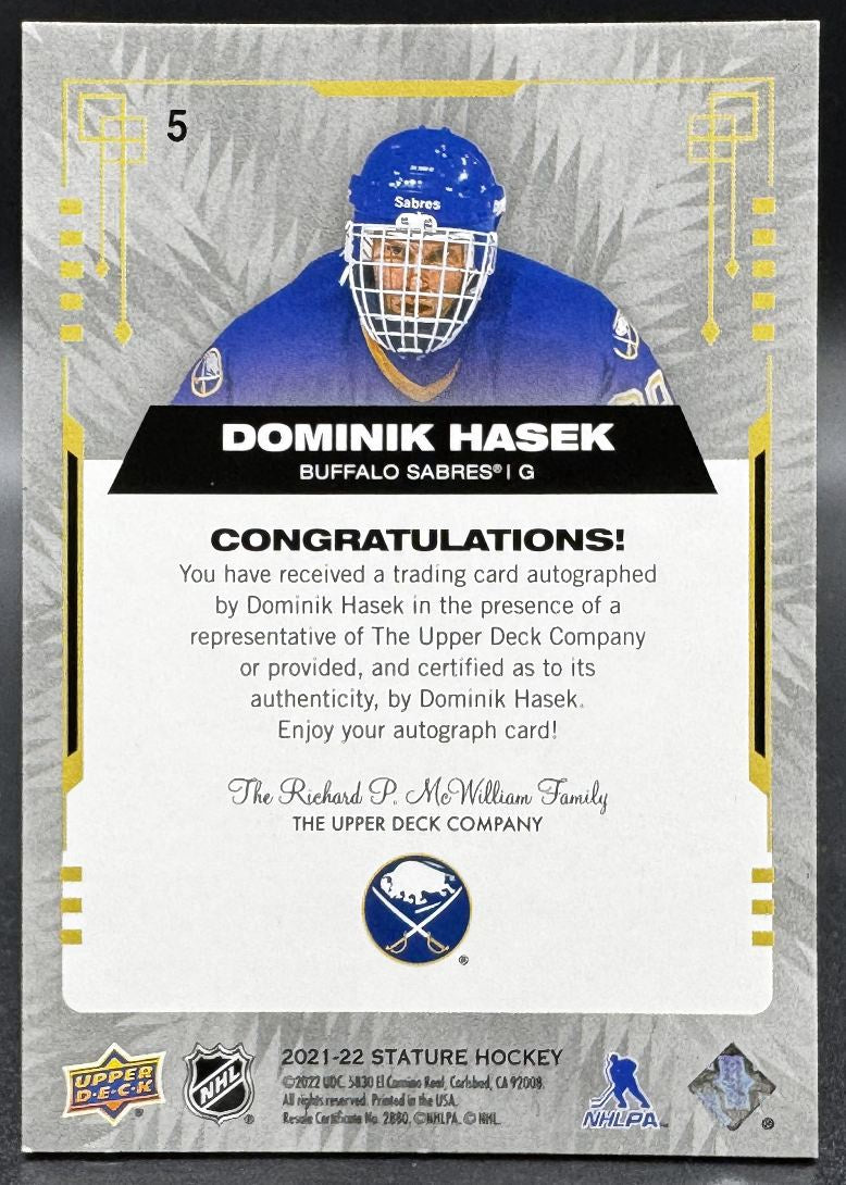2021-22 UD Stature Autographs Dominik Hasek 5 Buffalo Sabres Auto 05/10