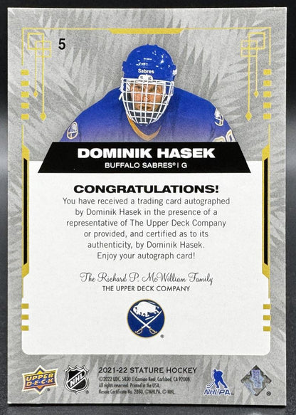 2021-22 UD Stature Autographs Dominik Hasek 5 Buffalo Sabres Auto 05/10