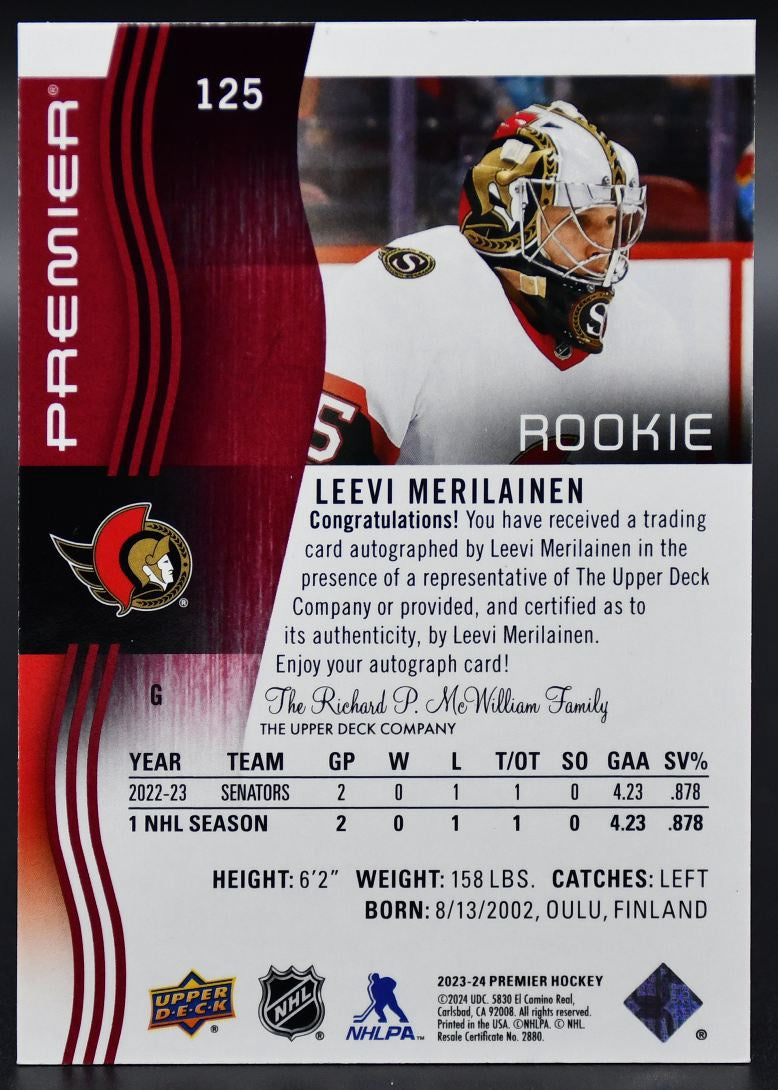 2023-24 UD Premier Leevi Merilainen 125 Ottawa Senators RC Auto