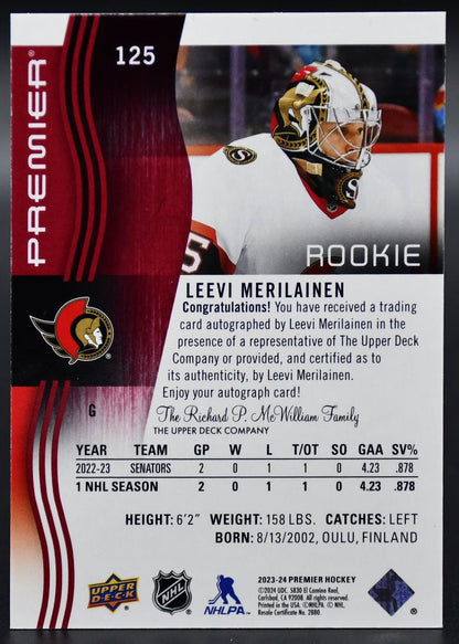 2023-24 UD Premier Leevi Merilainen 125 Ottawa Senators RC Auto