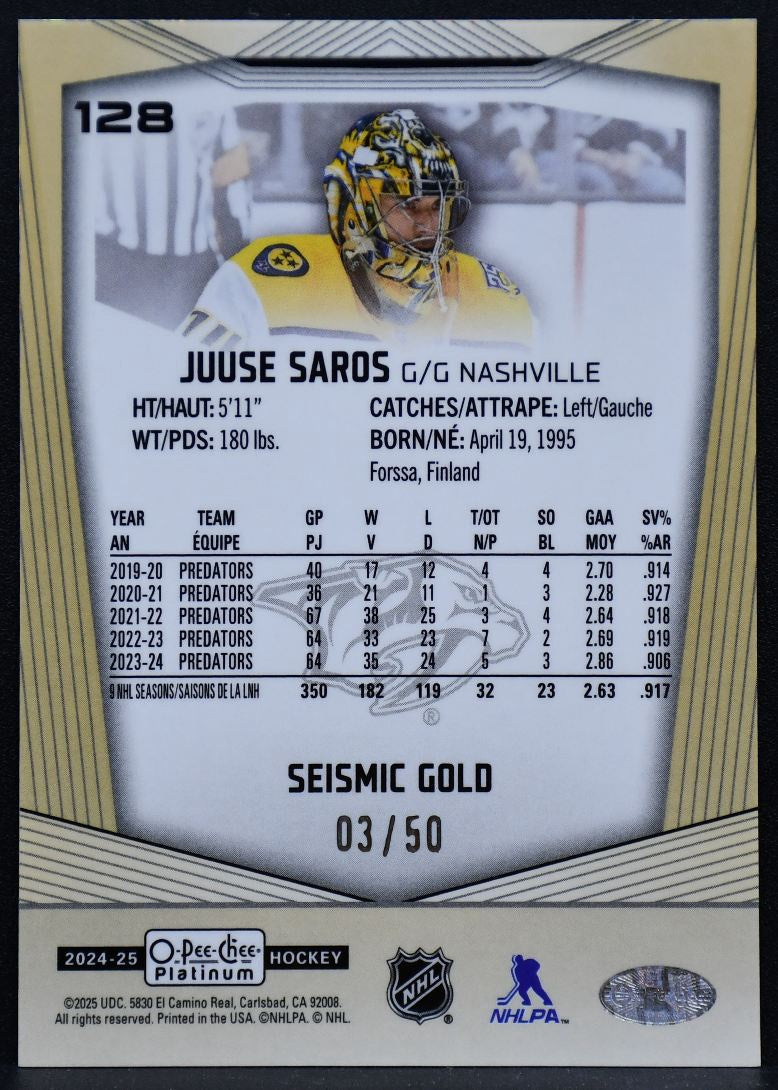 2024-25 O-Pee-Chee Platinum Seismic Gold Juuse Saros 128 Predators 03/50 3520