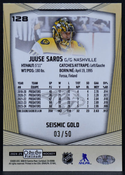 2024-25 O-Pee-Chee Platinum Seismic Gold Juuse Saros 128 Predators 03/50 3520